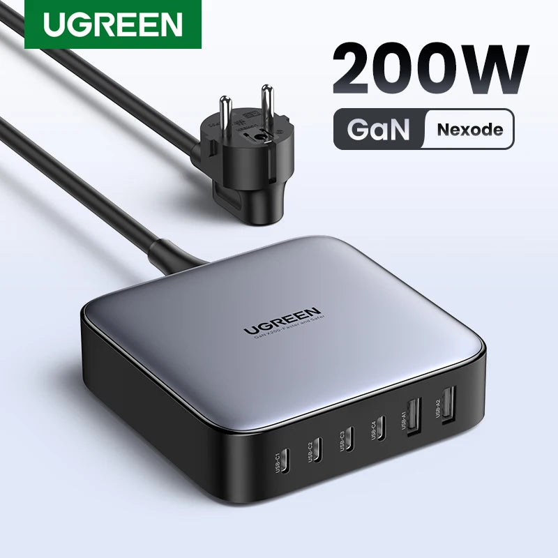 UGREEN 200W GaN Charger Desktop Laptop Fast Charger 6 in 1 Adapter For iPhone 17 16 Pro Xiaomi Samsung Tablets Macbook Charger