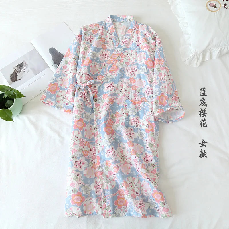 Print Long Sleepwear Loungewear Nightdress Bathrobe Women's Shower Cotton Gauze Nightgown Kimono Cotton Pajamas Cardigan