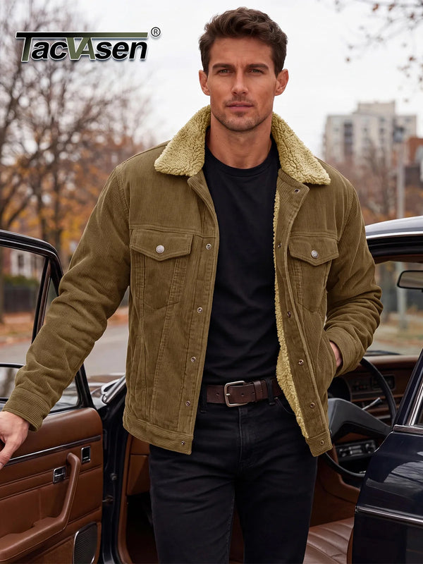 TACVASEN Men's Winter Corduroy Sherpa Lined Warm Turn-Down Collar Jacket Daily And Outdoor Long Sleeve Coat With Utility Pocket