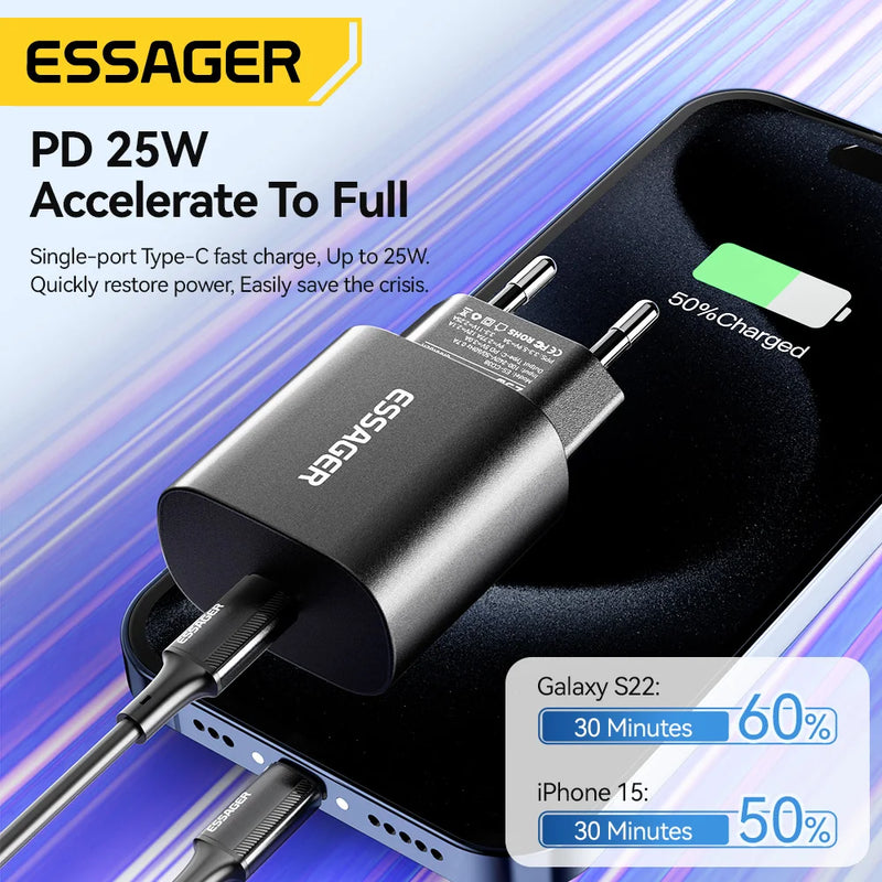 ឆ្នាំងសាក Essager 25W USB C PD ឆ្នាំងសាកសាកលឿន ឆ្នាំងសាកទូរស័ព្ទរហ័សសម្រាប់ iPhone 16 15 Pro Max Xiaomi 14 Oneplus Xiaomi Samsung