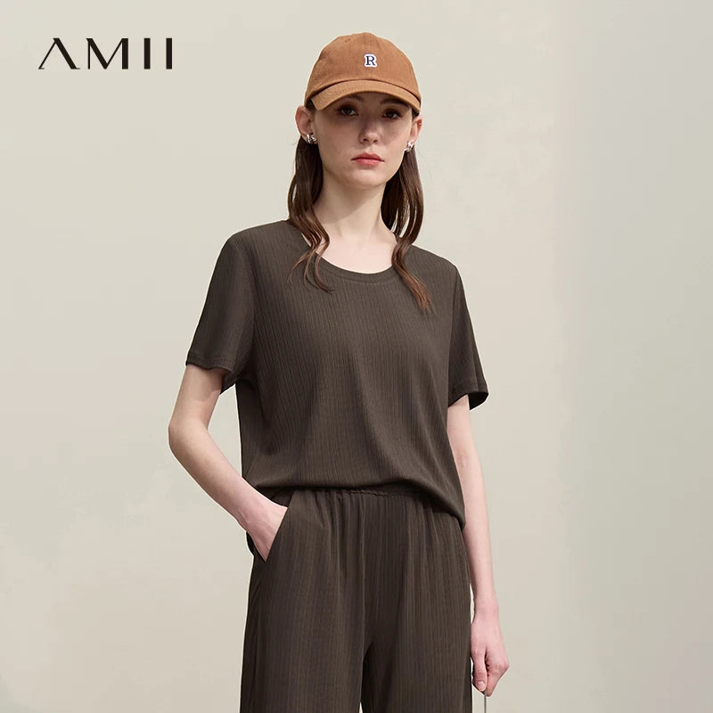 អាវយឺត Amii សម្រាប់នារី រដូវក្តៅ ឆ្នាំ២០២៦ ថ្មី កអាវរាងអក្សរ U ដៃខ្លី អាវរលុង ងាយស្រួលប្រើ អាវយឺតមូលដ្ឋានសម្រាប់នារី 12642168