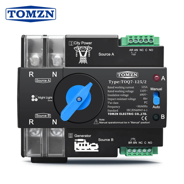 TOMZN Din Rail ATS 110V 120V Dual Power Automatic Transfer Electrical Selector Switch Uninterrupted 2P 63A 100A 125A