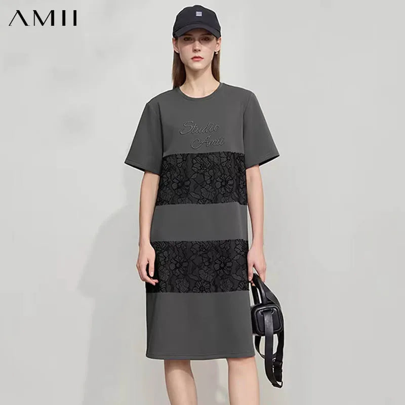 រ៉ូប Amii Minimalist រលុង 2026 ម៉ូដរដូវក្តៅ កមូល អក្សរ ប៉ាក់ចរ រ៉ូបធម្មតា សម្លៀកបំពាក់នារី 12542195