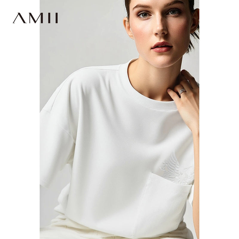 អាវយឺតដៃខ្លី Amii រដូវក្តៅឆ្នាំ ២០២៦ ថ្មី កមូលប៉ាក់ស្មាទម្លាក់ អាវយឺតស្ត្រី ធម្មតា អាវធំសម្រាប់ស្ត្រី 12652006