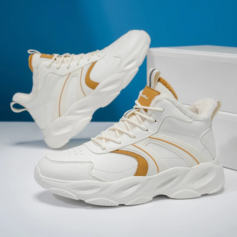 Mens Sports Shoes 2025 New High Top Velvet Warm Leather Color Matching Anti Slip Daily Commuting Trendy Casual Sneakers Man