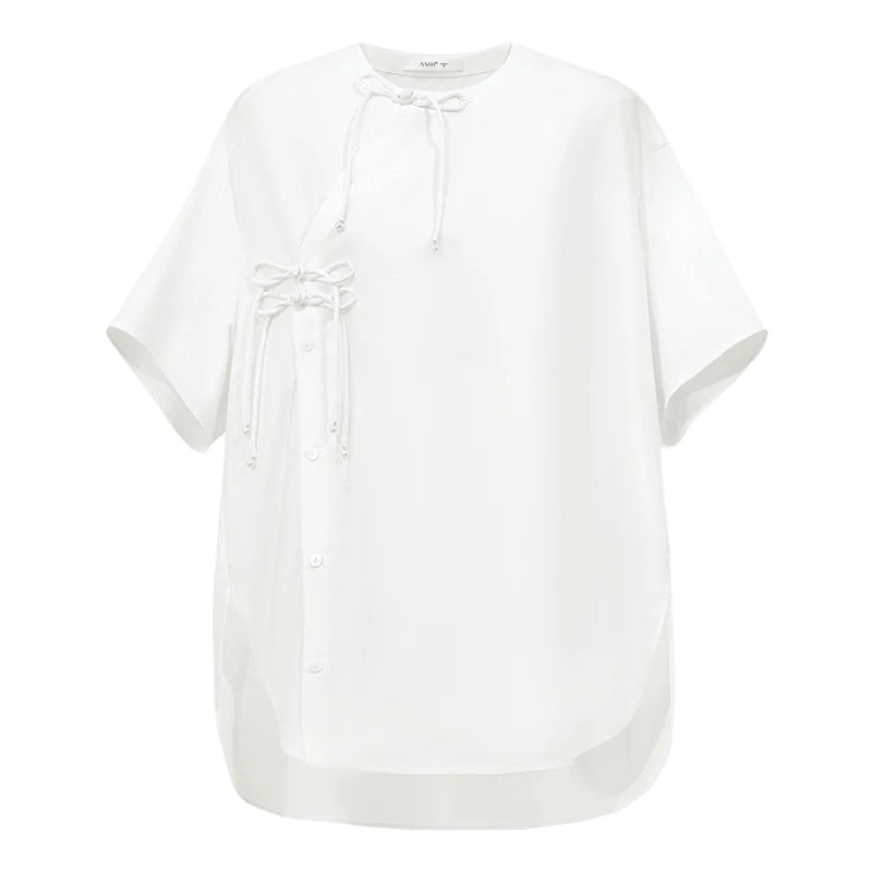 Amii Women's Shirt 2026 Summer New Chinese Style Cotton Blouse Oversized Frog Button Short Sleeve Women's White Shirt 12642122