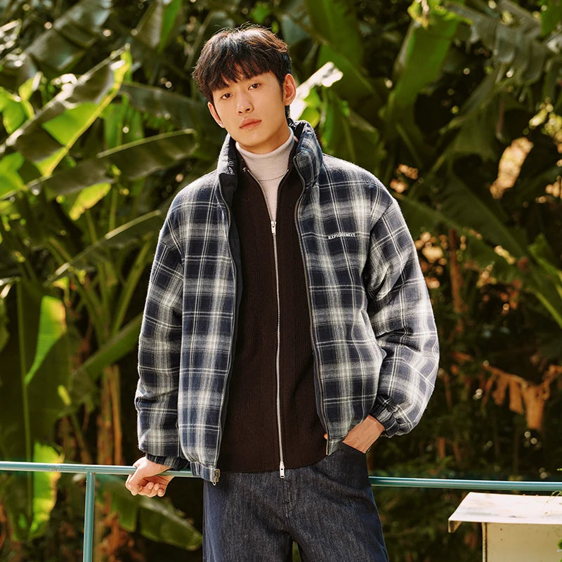 Semir Reversible Down Coat Vintage Plaid Stand Collar Men 2026 Winter 80 Fill Power Casual Stylish Warm Functional Outerwear