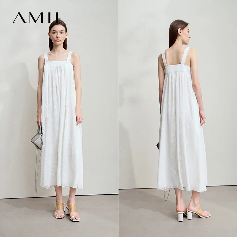 Amii Minimalist Women's Vacation Sundress 2026 Summer New Fashion Casual A-Line Wrinkle Black Elegant Strap Dresses 12552046