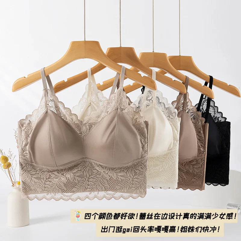Lace Satin Chest Pad Top Integrated Fixed Cup Seamless Breathable Sling Vest Women One Piece Pajamas Sleepwear Underwear