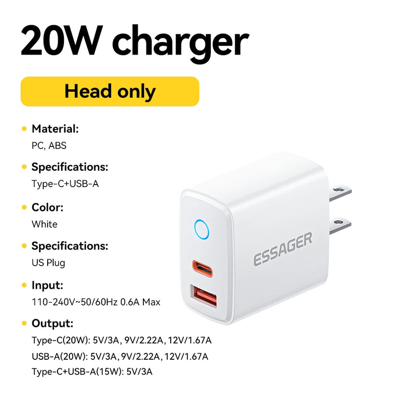 ឆ្នាំងសាកចល័ត Essager PD 20W សាកលឿនសម្រាប់ iPhone16 15 14 13 12 11 Pro Max USB Type C PD សាកលឿន ឆ្នាំងសាកទូរស័ព្ទ USB C