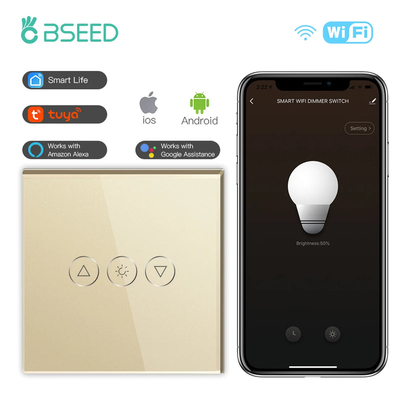 BSEED Wifi Dimmer Switch Smart Dimmable Touch Switch With EU Socket Glass Panel Support Tuya Smart Life Google Home Control