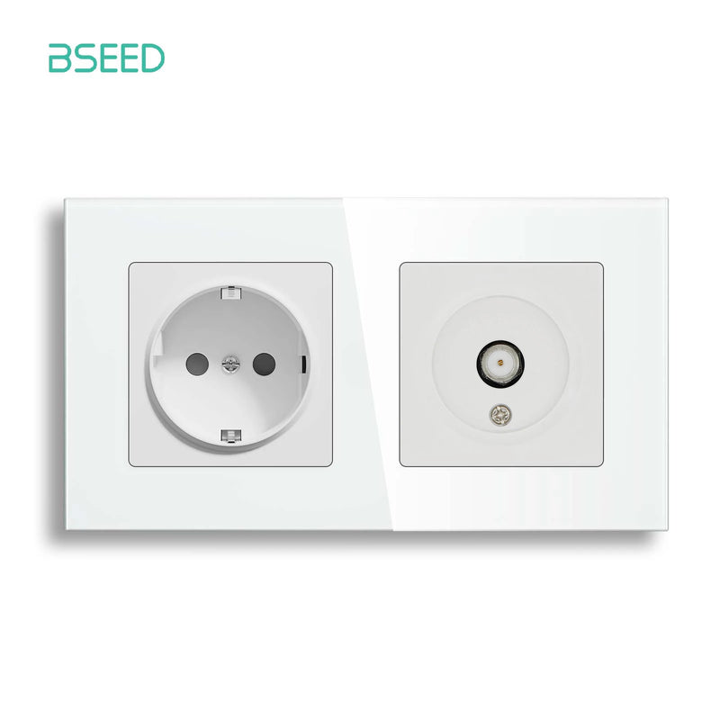 BSEED EU Standrad Wall Power Socket RJ45 Internet Socket Telephone Port Cat6 Socket Glass Panel TV Satellite Electrical Outlets