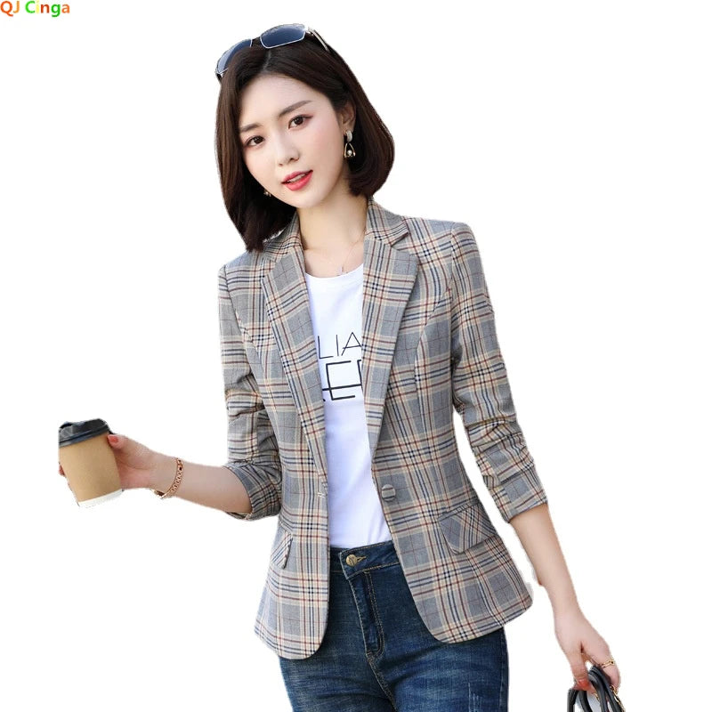 2026 Women's Gray Striped Plaid Suit Jacket, Asian Sizes Slim-Fit Coats, V-Neck Single Button Ladies Blazers S-XXXXXL
