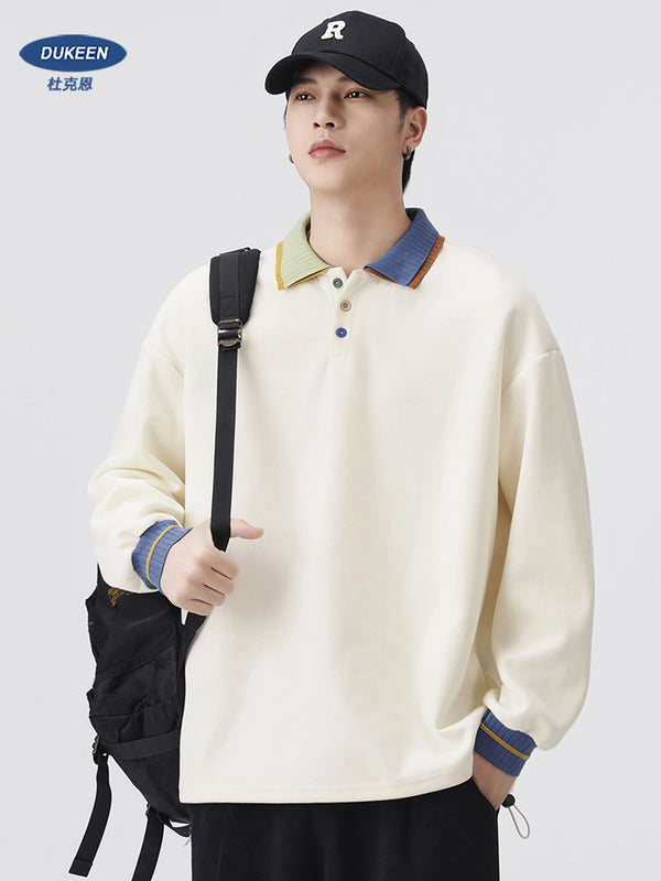 DUKEEN Colorblock Collar Men's Sweatshirts 2025 Spring and Autumn New Fashion Design Relaxed Fit Men's Long Sleeve Polo Pullover