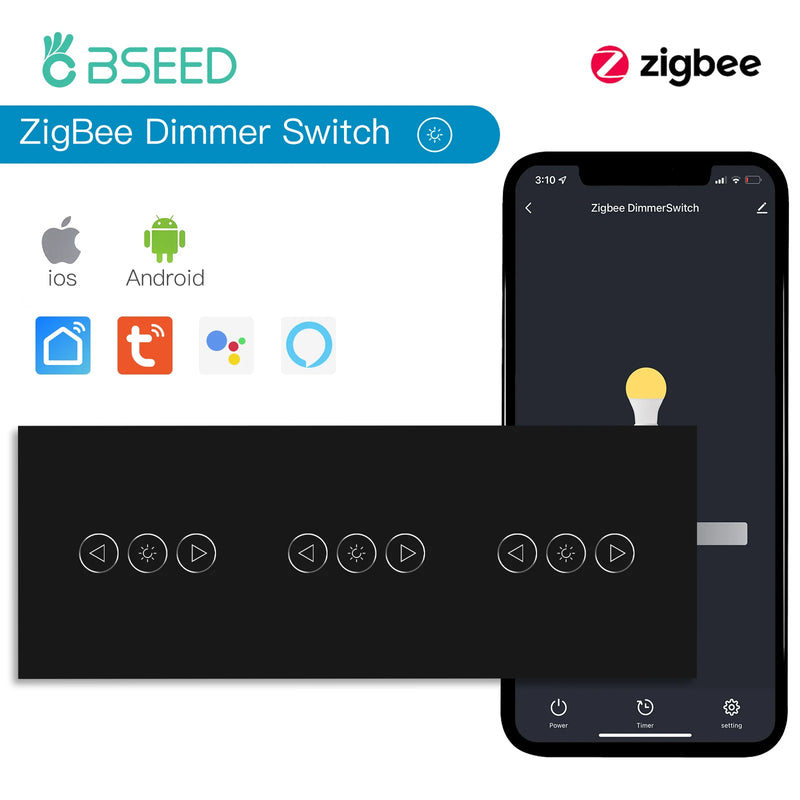 BSEED Zigbee Dimmer Switches Triple Smart Wall Touch Switch LED Dimmable Light Switch Tuya Smart Life Alexa Wireless Control