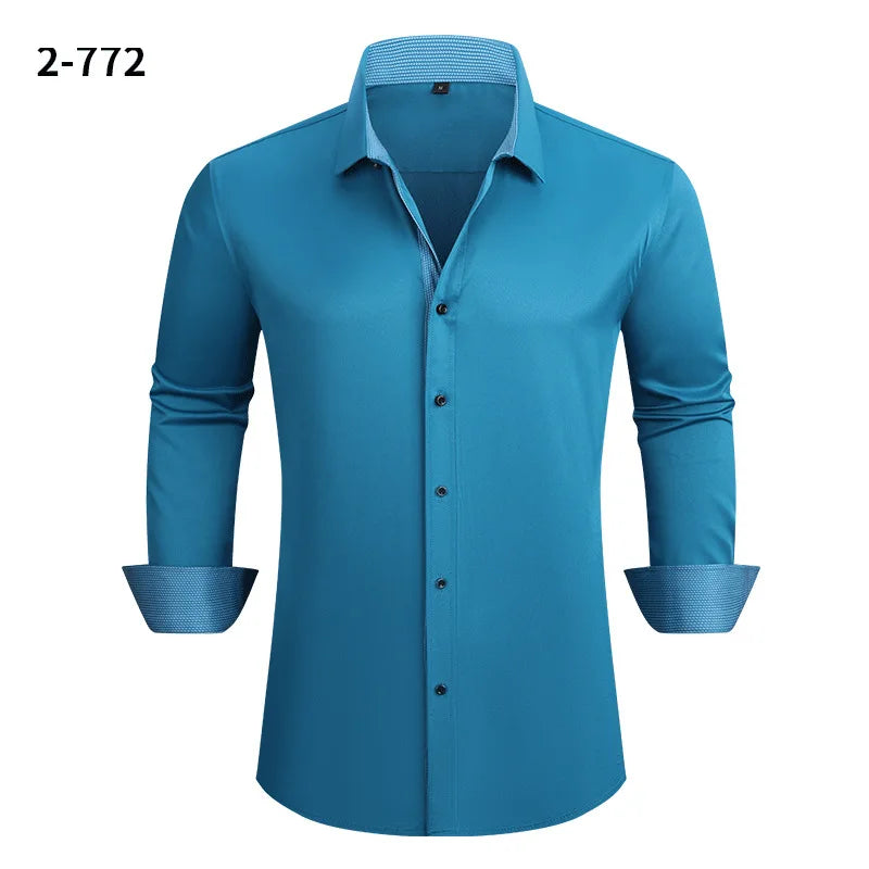Men's Black Long-sleeve Stretch Shirt, Red Patchwork-trimmed Shirts, Commuter-style Single-Breasted Lapel Tops.