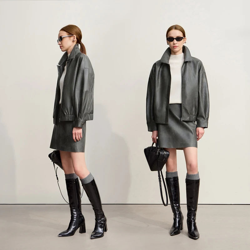 អាវស្បែក Amii ឆ្នាំ ២០២៦ រដូវរងាថ្មី Retro Lapel អាវដៃវែងរលុងសម្រាប់ស្ត្រី អាវស្បែក PU ធម្មតាសម្រាប់ស្ត្រី 12554050