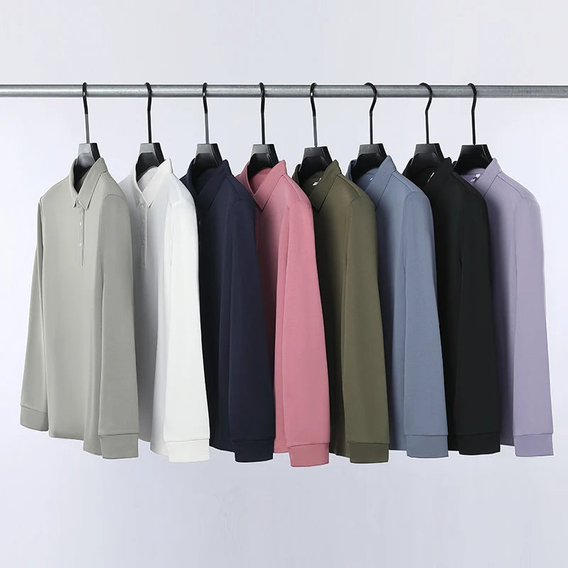Men's Wool Blend Long Sleeve Polo - Light Blue (White/Black/Olive Green) Wool & Mulberry Silk Breathable Comfort Fit