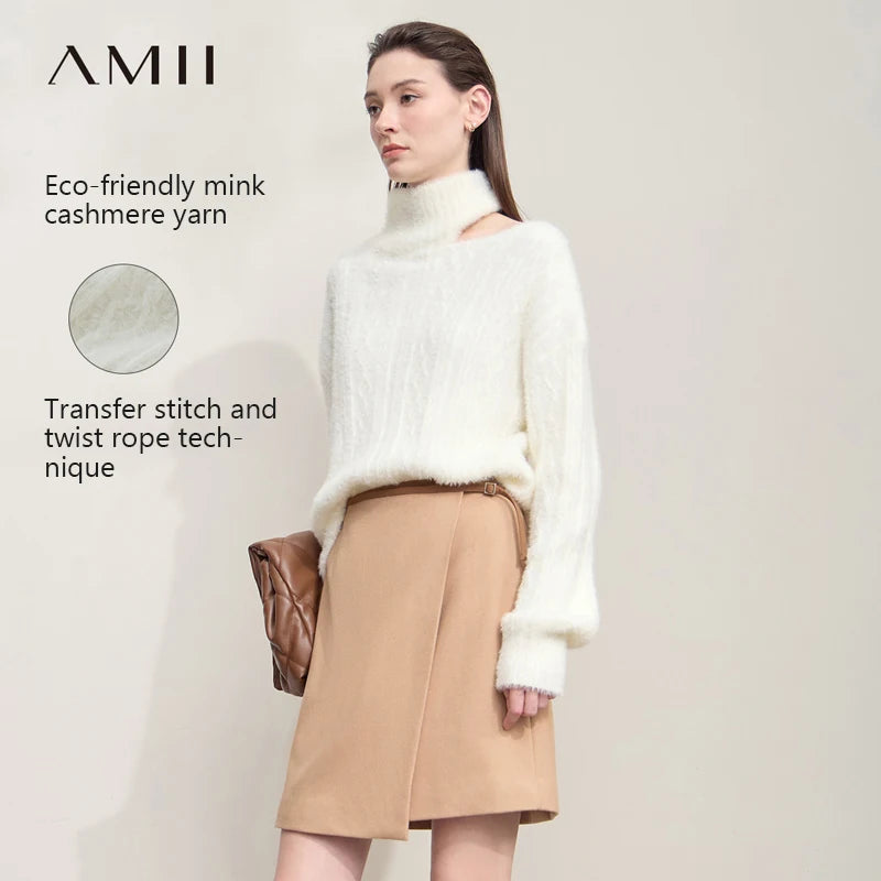 AMII Women's Sweater 2026 Autumn New Turtleneck Hollow Versatile Ladies Sweater Loose Long Sleeves Warm Tops For Woman 12543157