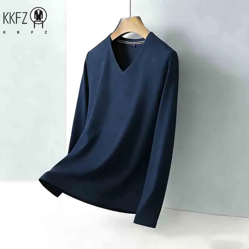 Men's Wrinkle-resistant Brown V-neck Long Sleeve T-shirt Easy Care Breathable Casual Top