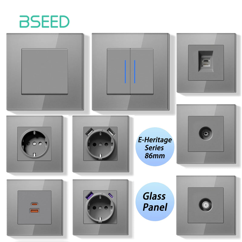 BSEED E Series Mechanical Button Switch 1/2Gang 1Way Light Switch Wall Electrical Socket ST TV CAT6 Socket Glass Panel Switch