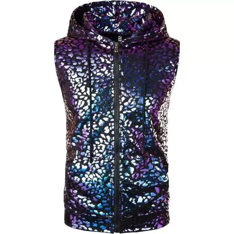 Men's Sleeveless Hooded Vests for Spring and Fall, Leopard-print Waistcoat for Summer, and Stylish Casual Tops. Gold,Silver,Blue