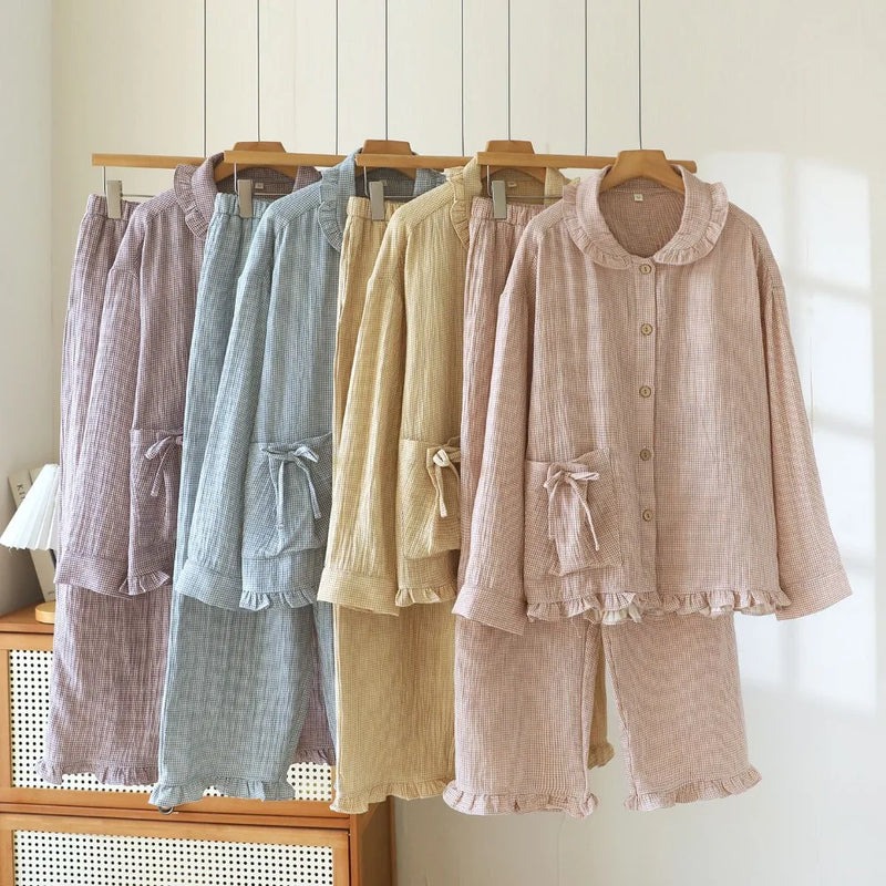 Pure Cotton Plaid Long-Sleeved Pyjamas Women's Loungewear Suit Spring Autumn Home Clothes Comfortable Sleepwear Soft Pajamas