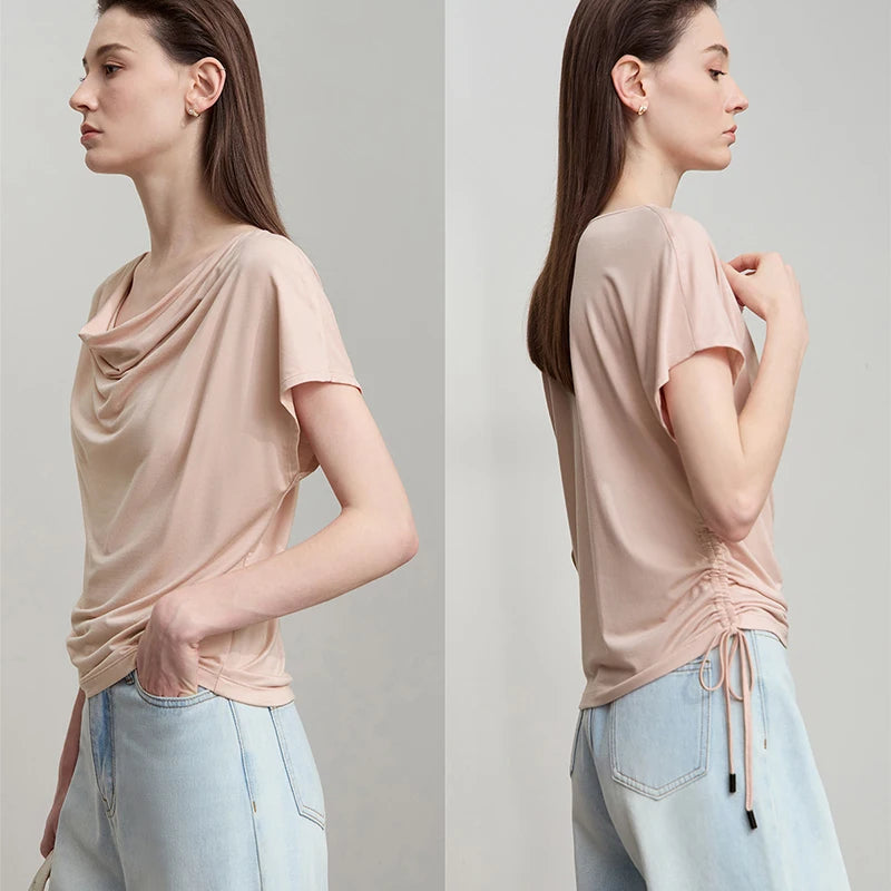 AMII Minimalist Soft Loose T-Shirt Summer Fashion Tees Unique Design Swing Neck Short Sleeve Knit Top Women Clothing 12512056