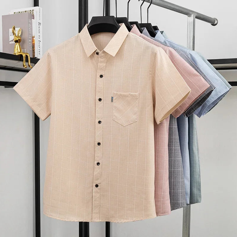 Mens Regular Fit Plaid Pattern Short Sleeve Shirt Turn Down Collar Tops For Men Daily Office And Work