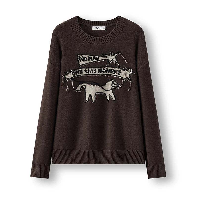 Semir Red Sweater Men 2026 Spring Loose Crew Neck Letter Jacquard Tassel Casual Comfortable Fashion Knitwear Daily Top
