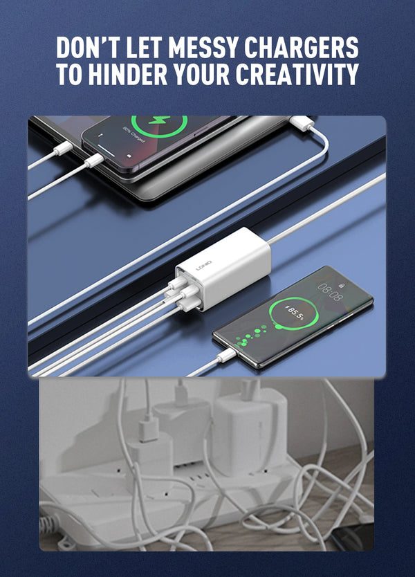 ឆ្នាំងសាក LDNIO 65W GaN USB C ឆ្នាំងសាកលឿនសម្រាប់កុំព្យូទ័រលើតុ 4 ក្នុង 1 សម្រាប់ iPhone 15 14 13 Pro Max Xiaomi Samsung