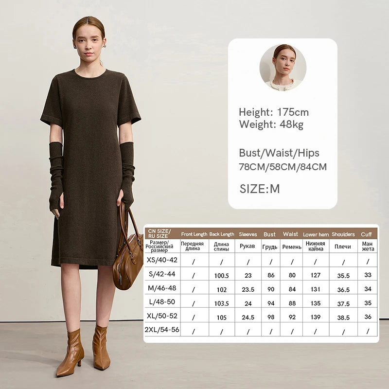 Amii Womens Dresses 2026 Winter New Minimalist Round Neck Loose Elastic Short Sleeves Knitted Wool Dresses For Woman 12544053