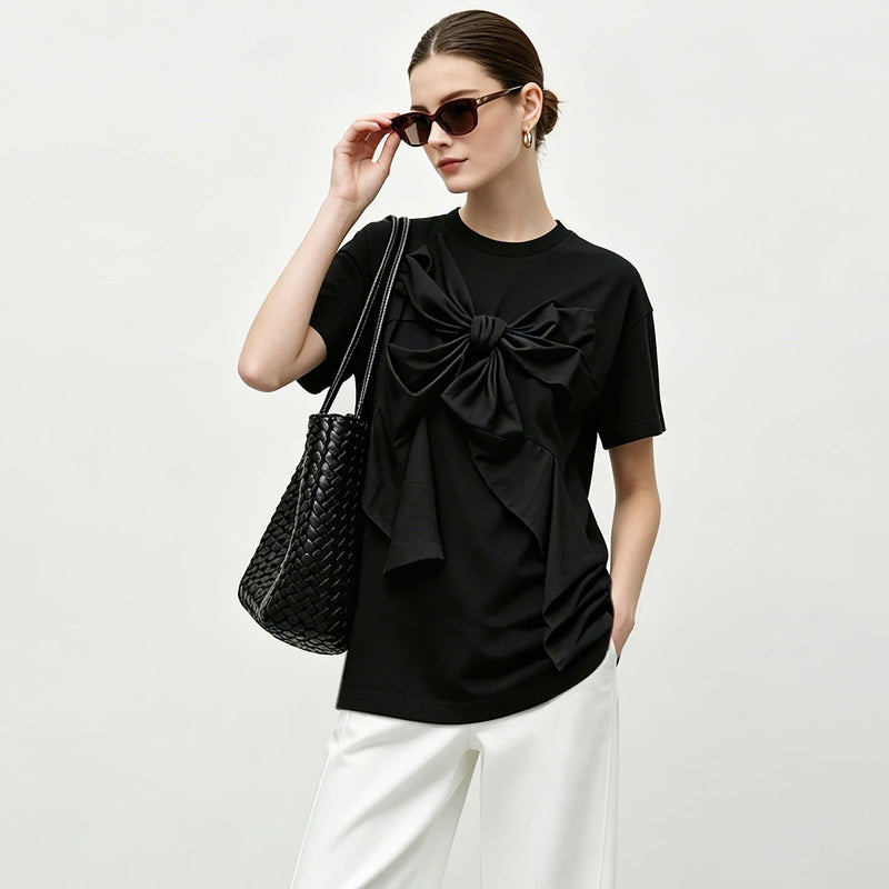 Amii Women Round Neck Black Pure Cotton T-Shirt Casual Short Sleeve Loose Fit Tee 3D Bow Applique Top 2026 Summer New 12642127