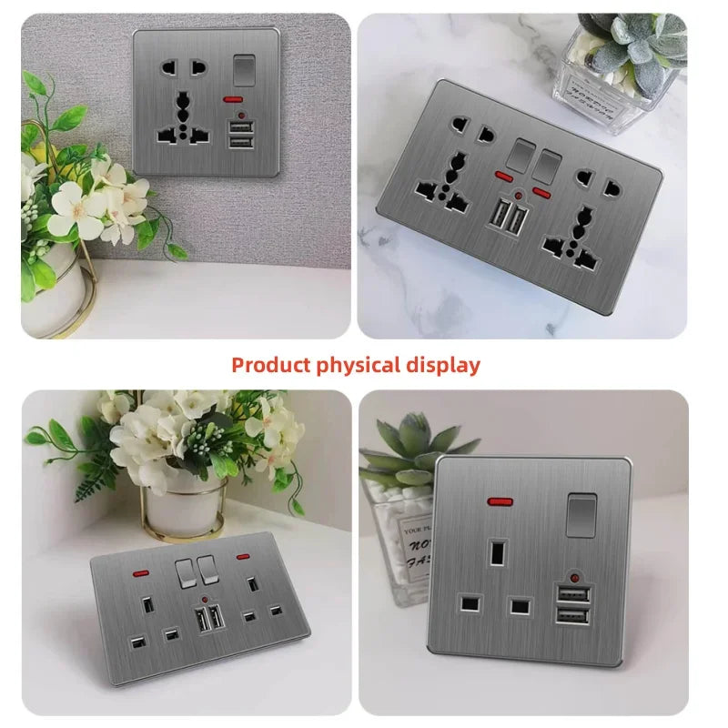 Nordic style large tilt plate grey 13A British standard electrical switch socket, universal wall dual socket with USB port 2.1A