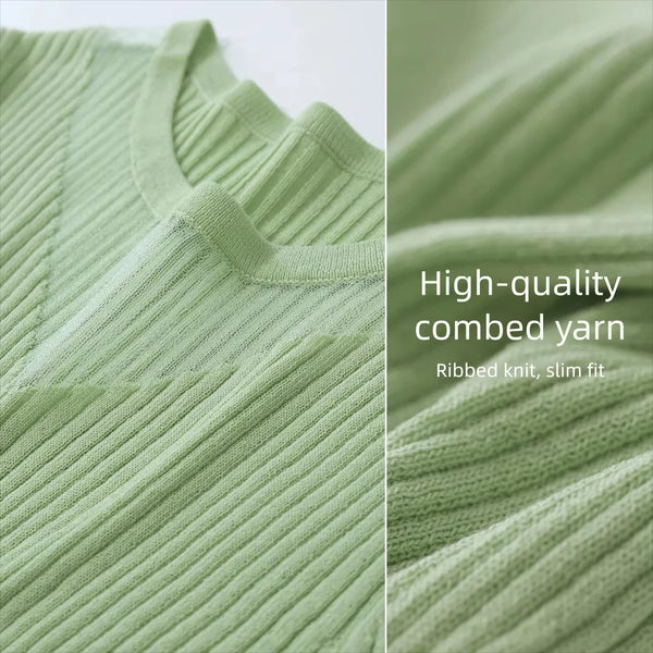 Amii Women Soild Knit Pullover Round Neck Sheer Mesh V Panel Top Short Sleeve Slim Fit Casual Sweater 2026 Summer New 12642218