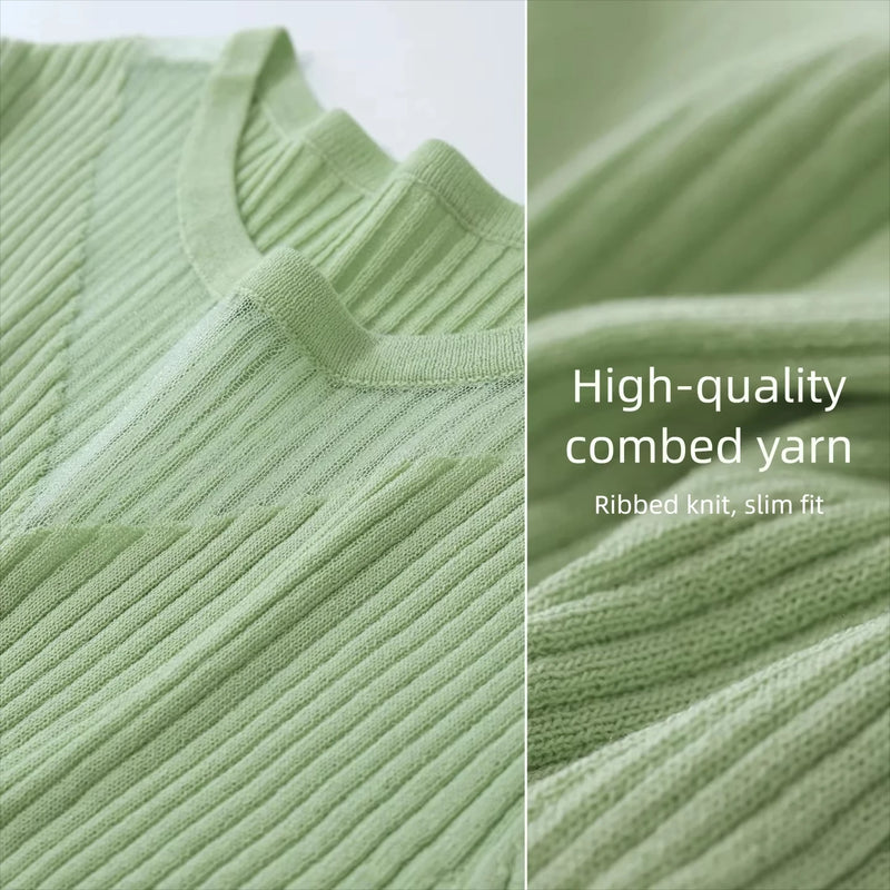 Amii Women Soild Knit Pullover Round Neck Sheer Mesh V Panel Top Short Sleeve Slim Fit Casual Sweater 2026 Summer New 12642218
