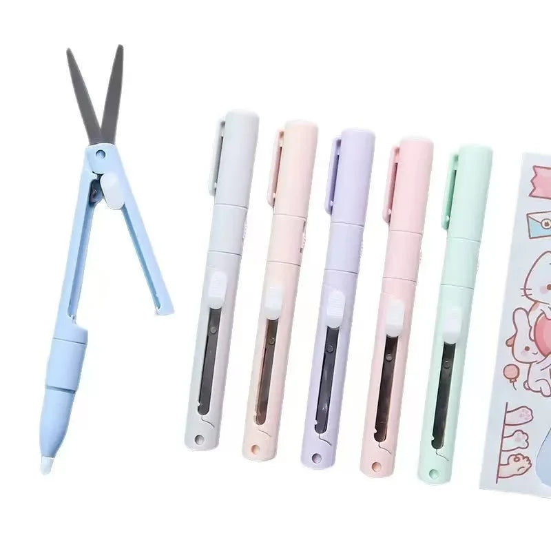 1pc Mini Portable Scissors Paper Cutter Knife 2 In 1 Multifunctional Pocket Pen Shape Scrapbooking Carving Cutting Art Tools