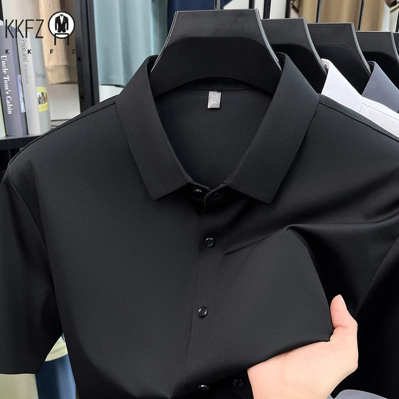 Men Summer Casual Short Sleeve Button Up Shirt Ice Silk Breathable Wrinkle Free Business Formal Shirt