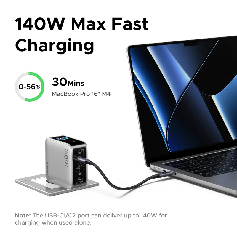 UGREEN 160W GaN Charger With Smart Display AVS PD 3.1 140W QC4.0 For MacbookPro Laptop iPhone 18 17 iPad Tablet SamsungS25 Ultra