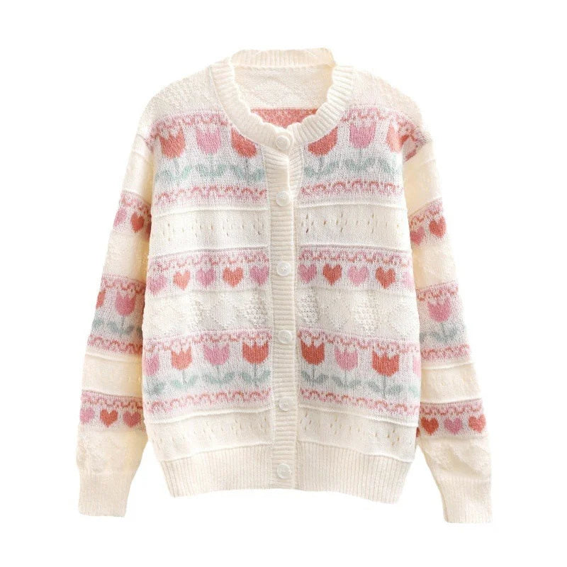 Fashion Printed Tops Sweater Women 2026 Outerwears Spring Autumn Warm Knitted Jacket Long Sleeve Women's Cardigans Coat
