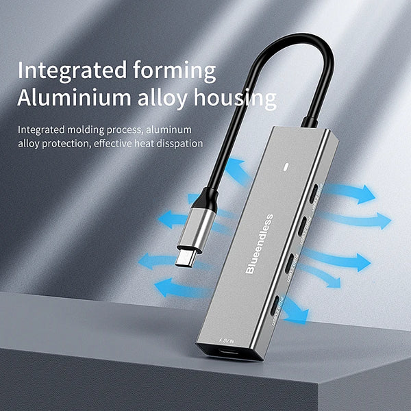 អាដាប់ទ័រ USB ប្រភេទ C ៤ រន្ធ Blueendless USB 3.2 ជំនាន់ទី ២ ល្បឿន 10Gbps ល្បឿនលឿន ៤ ក្នុង ១ សម្រាប់កុំព្យូទ័រយួរដៃចល័ត អាដាប់ទ័រជាមួយរន្ធសាក 5V