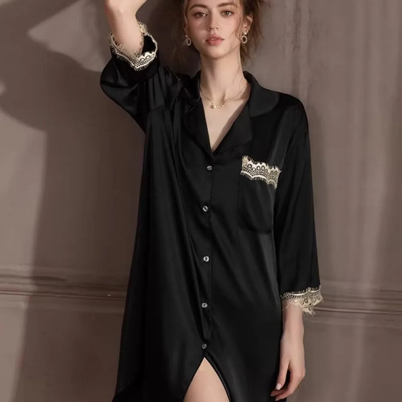 Ice Silk Women's Nightgown Summer Pajamas Dress New Lapel Night Wears for Females Sleeping Clothes Woman One Piece Homewear