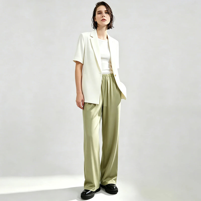 Amii Women's Pants 2026 Summer New Acetate Tie Elastic Waist Wide Leg Trousers Solid Color Casual Loose Pants For Women 12652067