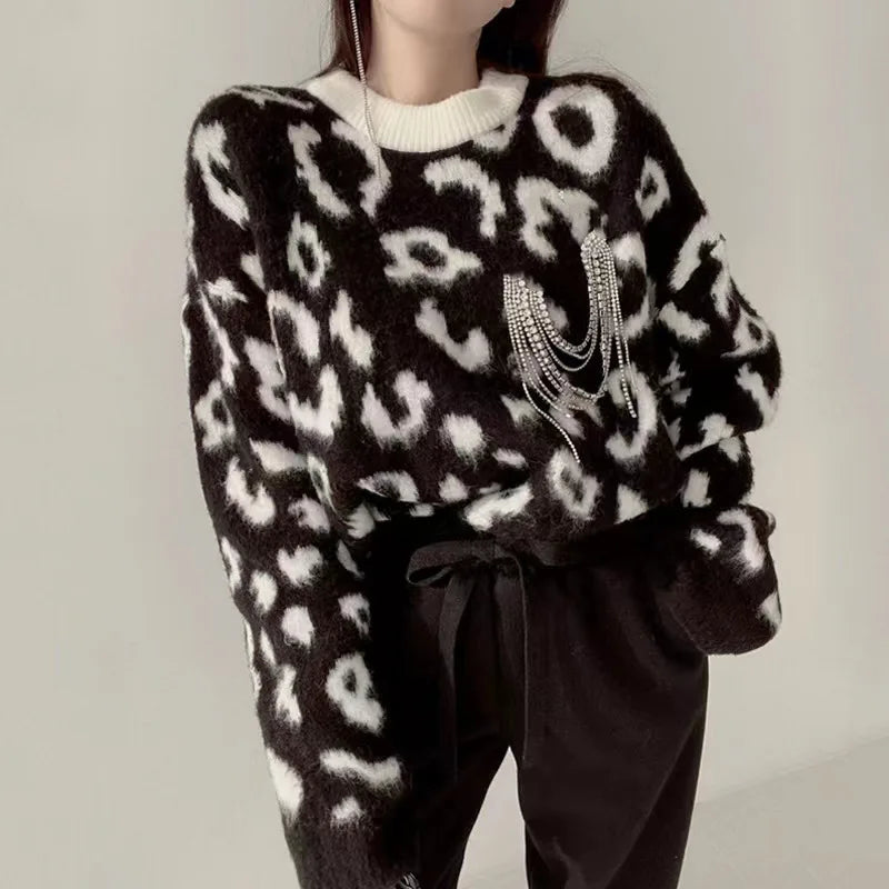 Knitted Pullover Sexy Loose Lazy Leopard Print Sweater Women's South Korea Contrasting Color Thick Soft Crew Neck Jumper Top
