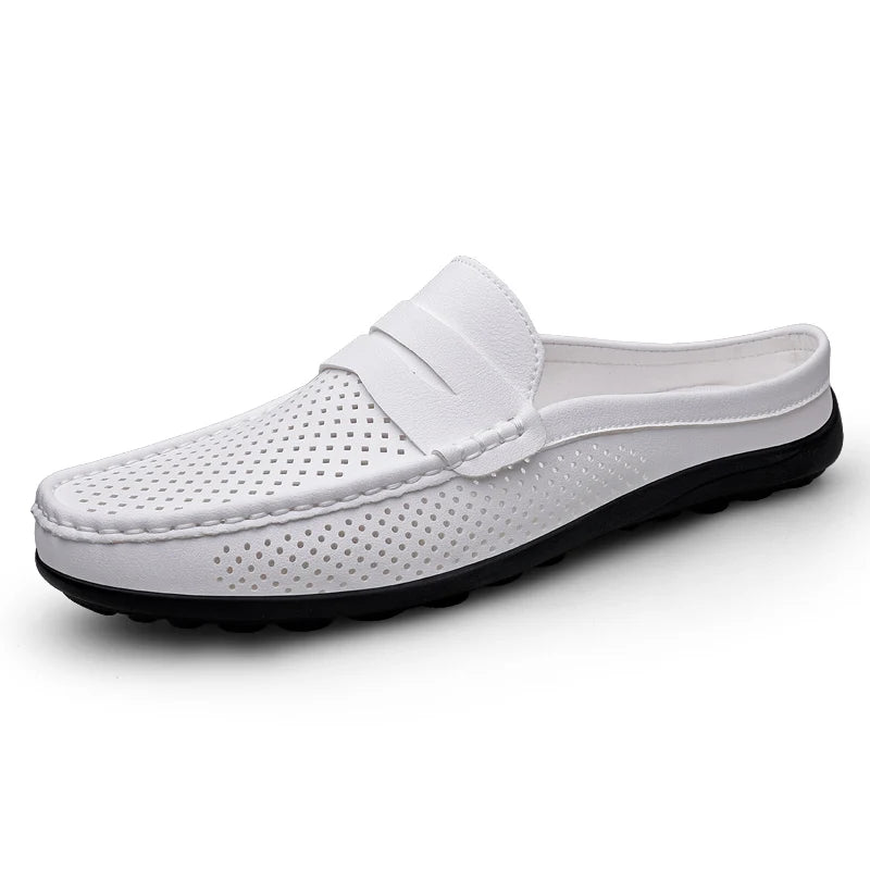 Summer Men Breathable Half Shoes Casual Leather Shoes White Black Slip On Loafers Shoes Big Size 46 47 Dropshipping