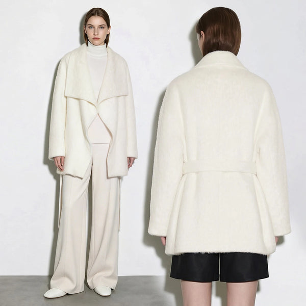 Amii Wool Silk Blend Coat Lapel Collar Belted Oversized Relaxed Fit Warm Minimalist Commuter Winter Women's Outerwear 12644031