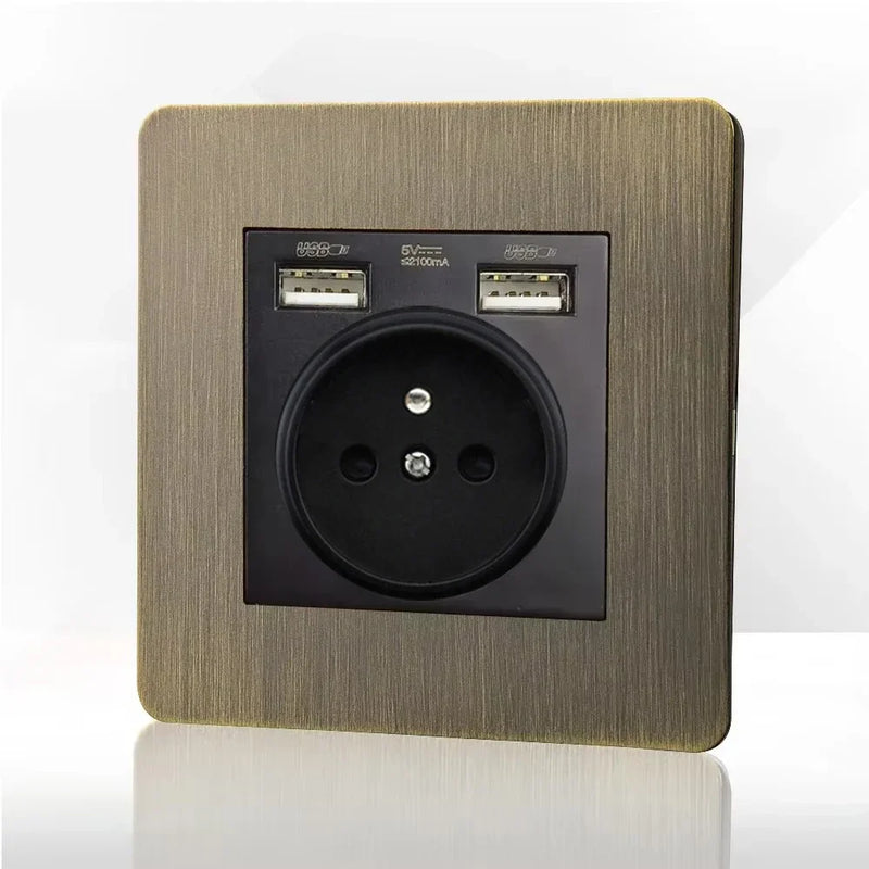 Retro EU FR Metal Panel Wall Toggle Light Switch Socket plug,Bronzed Antique Stainless Steel German 16A Socket with USB Charging