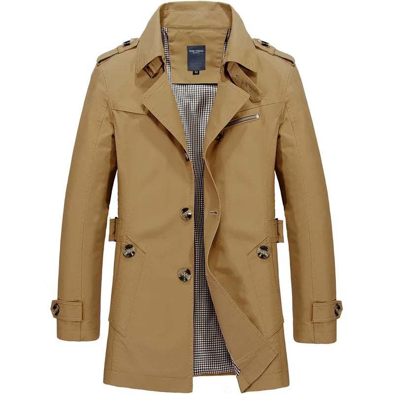 2026 New Men's Khaki Long-Sleeve Jacket, Green Single-Breasted Lapel Coat, Black or Blue Overcoat Available.