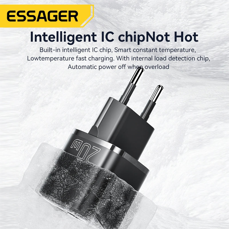 ឆ្នាំងសាក Essager 20W GaN USB Type C PD សាកថ្មលឿន QC 3.0 សម្រាប់ iPhone 14 13 12 11 Pro Max Mini iPad សាកថ្មបានលឿន