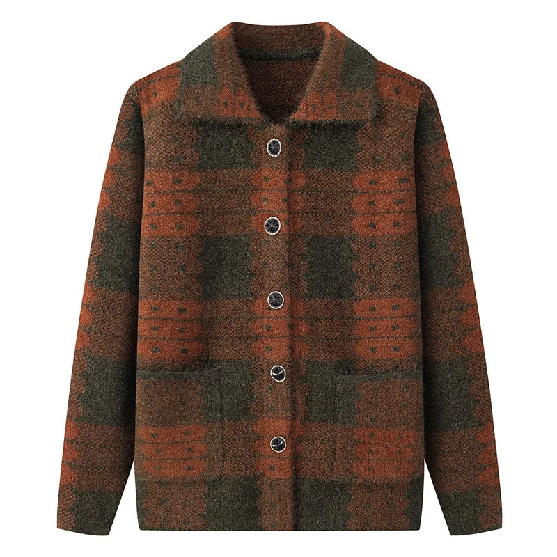 Casual Plaid Autumn Winter Clothes Middle Aged Mother Sweaters Knitwear Tops Thicken Grandma Warm Woolen Coat Women Cardigan